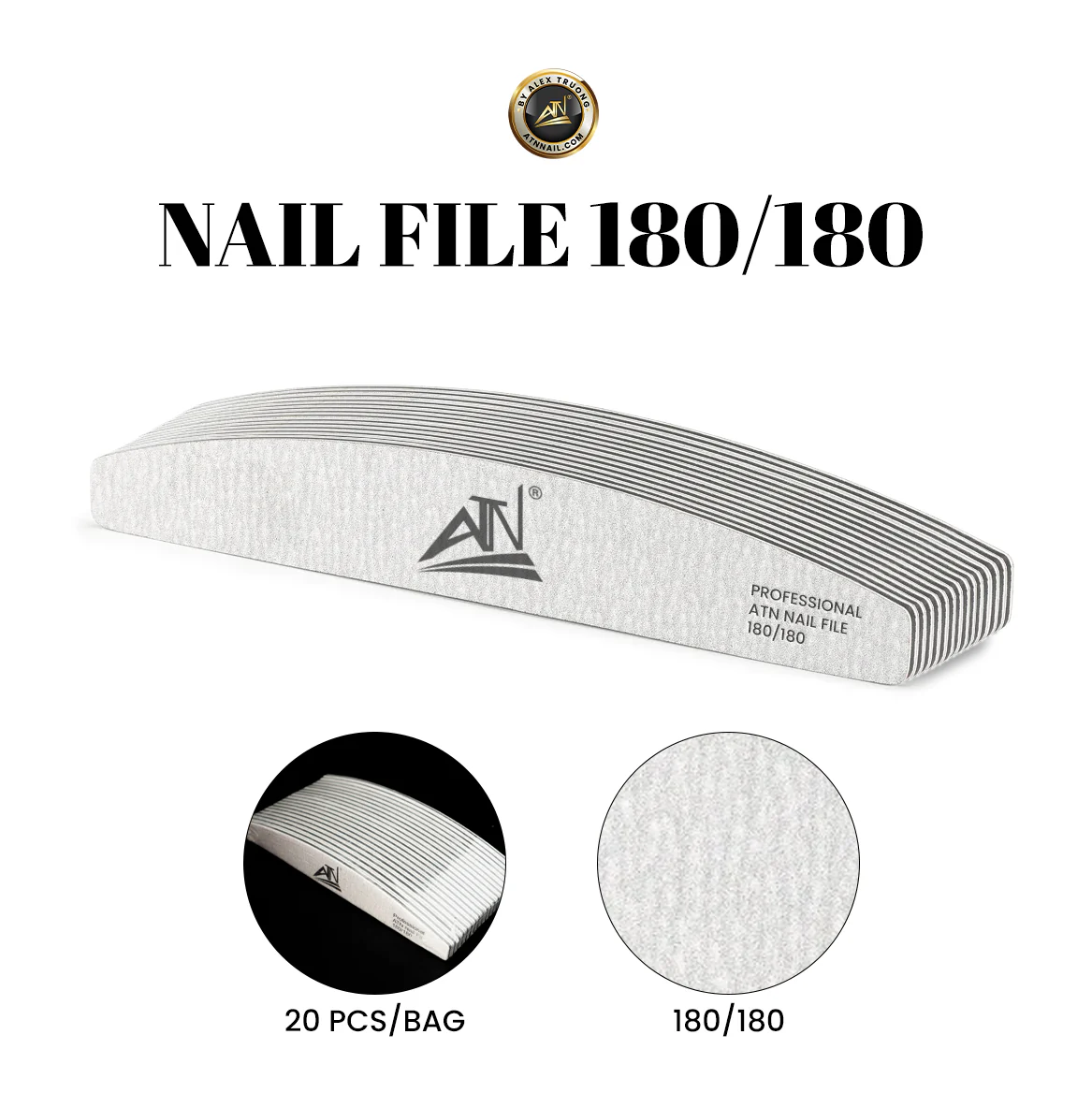 ATN Nail File 180/180 - White - Pack 20pcs - Image 2